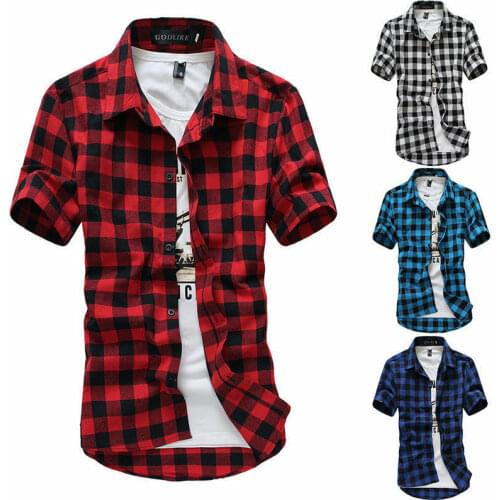 New Mens Shirts Short Sleeve Plaid Button-Down Summer Casual Tops Tee Mens Rugby Classic Shirts Clothing Hot M-3XL