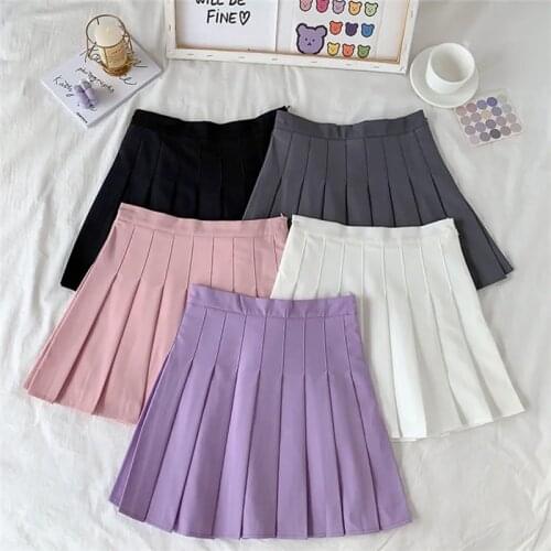 2021 new female black skirt summer high waist gothic anti-glare a-line pleated skirt purple short skirt QZ0342