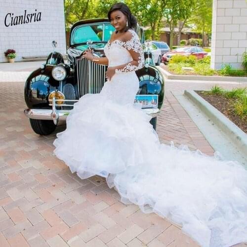 Romantic Illusion Long Sleeve African Nigerian Mermaid Wedding Dress O-Neck Appliques Lace Ruffles Bridal Wedding Dresses