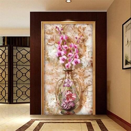 Custom 3D mural vase Phalaenopsi Vintage marble texture Embossed porch corridor TV background Self Adhesive wallpaper Waterproof