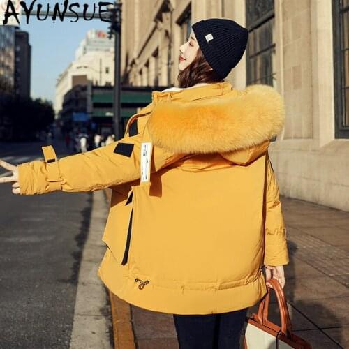 AYUNSUE Womens Winter Down Jacket Fashion Real Fox Fur Collar Hooded High Quality Warm Female Parkas Women Coats Femme Veste