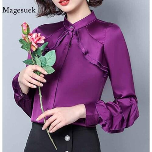 2020 Office Lady New Long Sleeve Satin Women Shirts Ruffles Cardigan Ladies Tops Women Autumn Stand Collar Solid Blouse 11089