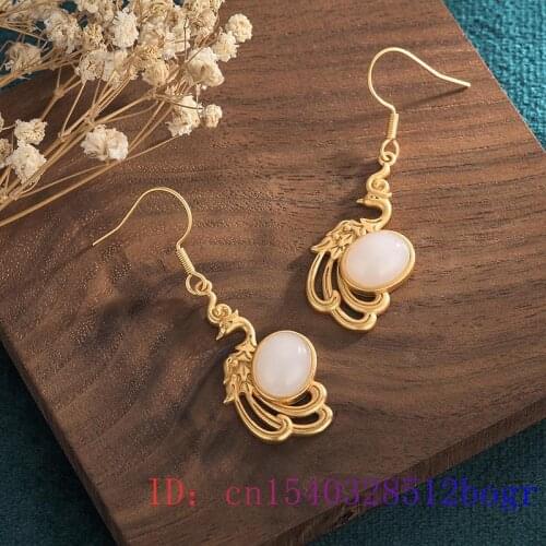 White Jade Phoenix Earrings Chalcedony Gemstone Zircon Charm 925 Silver Women Jewelry Gifts Amulet Fashion Crystal Natural