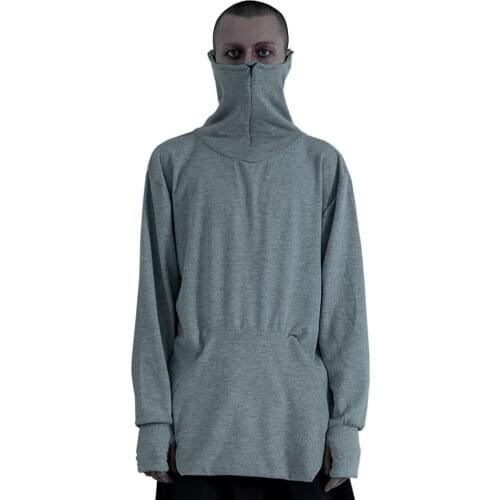 PUPIL TRAVEL Mens Techwear Gray Turtleneck Thumbhole Hoodie Long Sleeve Loose Pullover Hip Hop Streewear Punk Sweatshirts