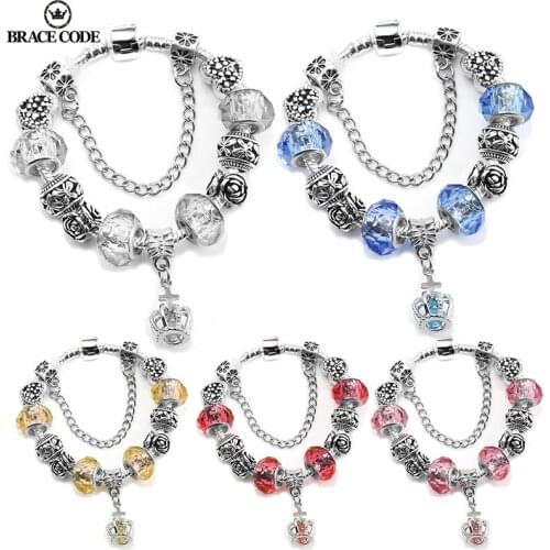 Vintage Silver Color Fashion Crystal Glass Crown Pendant Bracelet Suitable For Snake Chain DIY Fine Bracelet Female Jewelry Gift