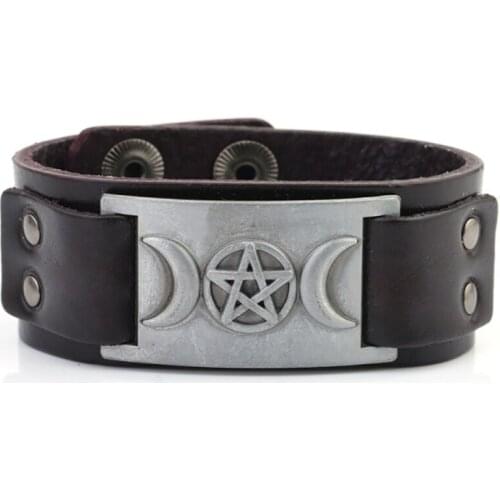 Magic Amulet Talisman Wicca Men Bracelet Bangle Leather Fashion Jewelry Vintage Moon Goddess Pentagram Metal Charm
