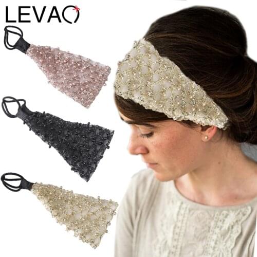 Levao Pearl Headband Lace Weaving Turban Head Bands for Women Hair Accessories Shiny Sequins Elastic Hair Band Bandana Headwrap