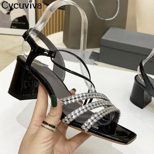 Chunky Heel Women Sandals Peep Toe Shiny Crystal Mules Summer Brand Runway Rhinestone Diamond Slides Gladiator Sandals Woman