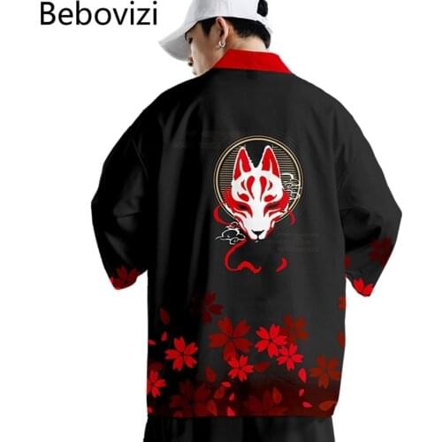 Japanese Style Fox Print Kimono Pants Set Women Men Cosplay Traditional Cardigan Haori Obi Harajuku Streetwear Samurai Yukata