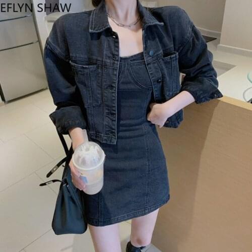 Retro Female Sets 2 Piece Slim Denim Sling Dress + Loose Crop Jacket Fashion Black Two Piece Suits Solid High Street Outfits