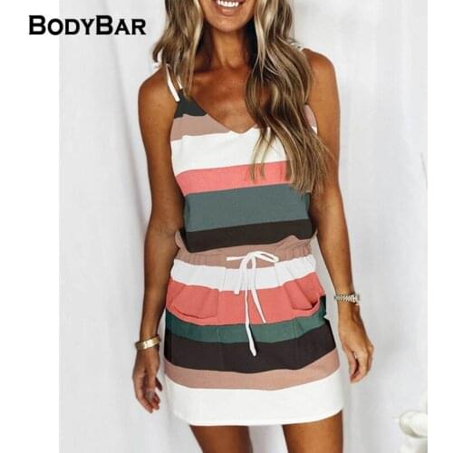 Striped Sexy Drawstring Dress Color Block V-neck Suspender Dresses For Ladies Summer Casual Beach Dresses Sundress Mini Vestidos