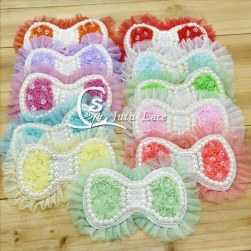 120 pcs / lot , 5'' chiffon flowers with pearl , hair chiffon bow with pearl for headband bow