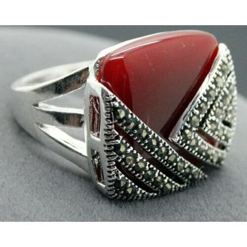 14*15MM 925 SILVER NATURAL RED NATURAL JADE & MARCASITE SQUARE RING SIZE 7/8/9/10 925