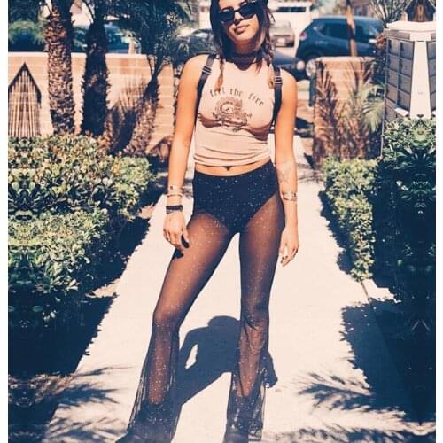 2021 Women Flare Pants Sequined Patchwork Glitter See Through Sexy Party Clubwear High Waist Streetwear Wide Leg Bottoms