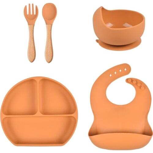 5 Pcs Baby Silicone Bibs Divided Dinner Plate Sucker Bowl Spoon Fork Set Training Feeding Food Utensil Dishes Tableware Kit for