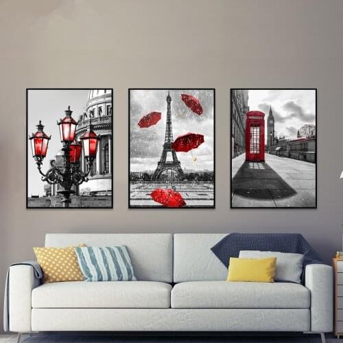 Black and White Tower Red Umbrella Canvas Painting Paris Street Wall Art Poster Prints Decorative Picture Living Room Unframed