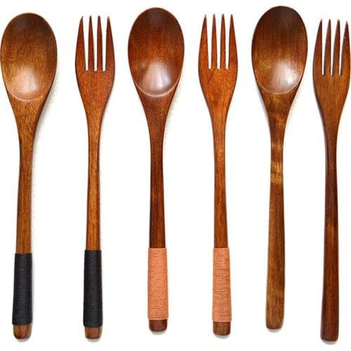 Wooden 8.9-inch Spoons and Forks for Desserts Chips Snacks Cereal Salad Fruit Decoration (Set of 6)