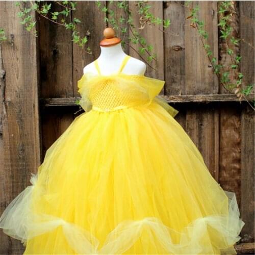 Elegant Girls Yellow Tutu Dress Kids Crochet Flowers Tulle Dress Ball Gown Children Birthday Party Costume Princess Dresses