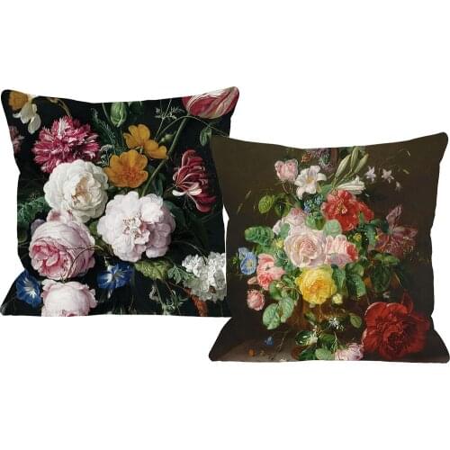 Europe Rose Flower Oil Painting Cushion Cover Floral Beige Linen Polyester Throw Pillow Case 45X45cm Home Sofa Decoration