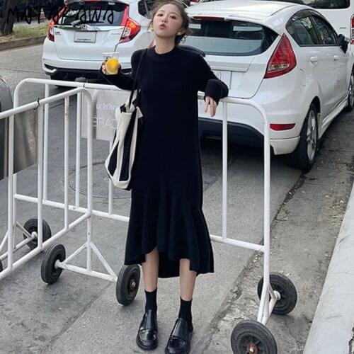 Matakawa Knitted Dress Autumn Winter Japanese Sweater Lazy Long Sleeve Black Dresses O Neck High Waist Slim Mermaid Vestidos