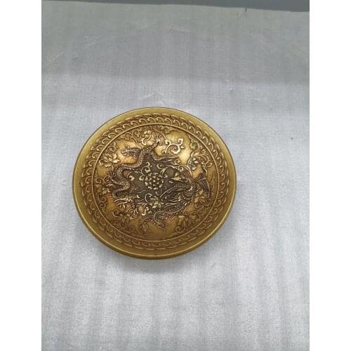 Chinese Old Brass Handmade Carved dragon and phoenix dish plate