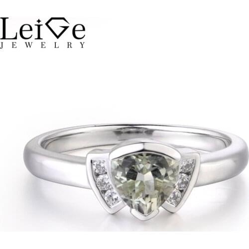 Leige Jewelry Natural Green Amethyst Ring Party Gifts For Girls Trillion Shape Bezel Setting Fine Jewelry 925 Sterling Silver