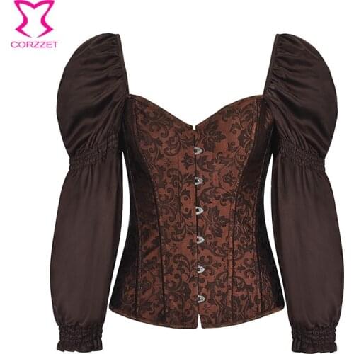 Steampunk Brown Puff Long Sleeve Steel Boned Sexy Corset Underbust Vintage Plus Size Gothic Clothing Korsett For Women Bustier