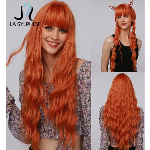 La Sylphide Halloween Cosplay Wig Long Deep Wave Orange Synthetic hair Wigs with Bangs for Black White Woman Heat Resistant Wigs