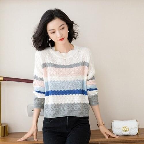 Mohair sweater womens autumn and winter new style V-neck striped blouse lazy retro loose short