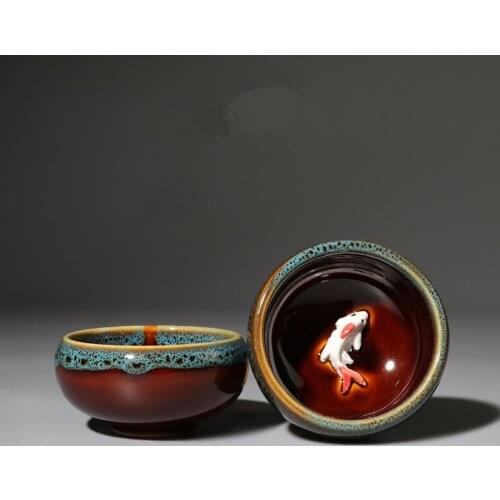 One tea cup on sales kiln change creative glaze porcelain cup fish relief Chinese kungfu cup of tea 50ml for Pu'er Chinese cups