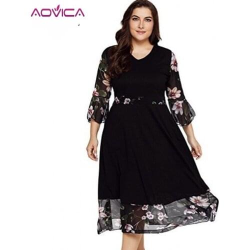Aovica Large Size 3XL Women Dress Vintage Zipper Floral Printed Tunic A-Line Dress Plus Size Dresses For Women 4XL 5XL