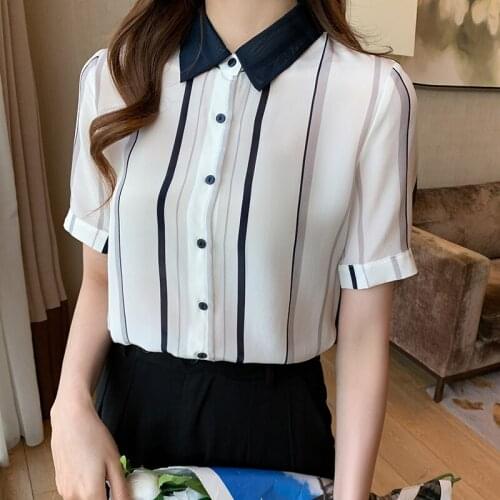 Contrast striped short-sleeved shirt women office workwear temperament blouses femme fashion lapel button up chiffon tops shirts