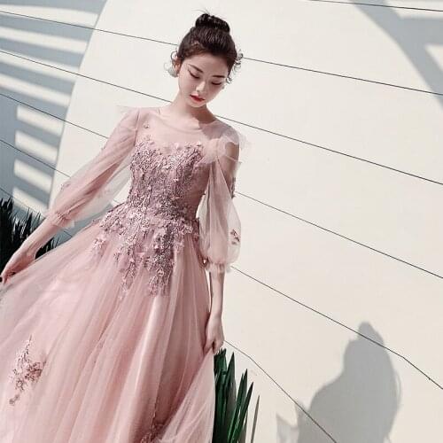 Fairy Pink Evening Party Dress Exquisite Appliques Celebrity Banquet Dress Elegant A-line Hostess Dress Slim Maxi Mesh Dress