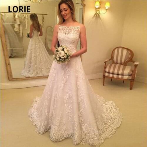 LORIE A-line Lace Appliques Bridal Gowns Sleeveless Back Button Beach Wedding Dresses Vintage Princess Party Gowns Plus Size