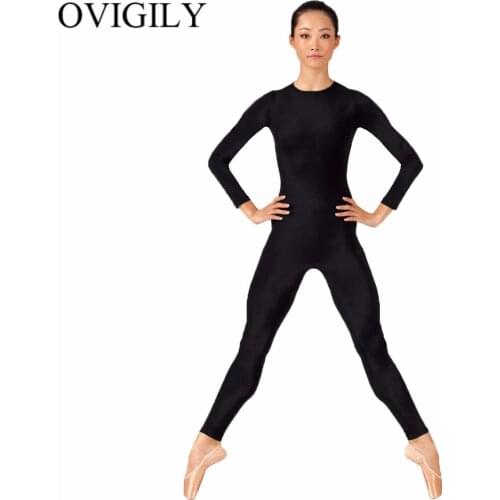 OVIGILY Womens Full Body Dance Unitard Adults Black Crew Neck Long Sleeve Gymnastics Unitards Jumpsuits Sports Wear Skin Tights