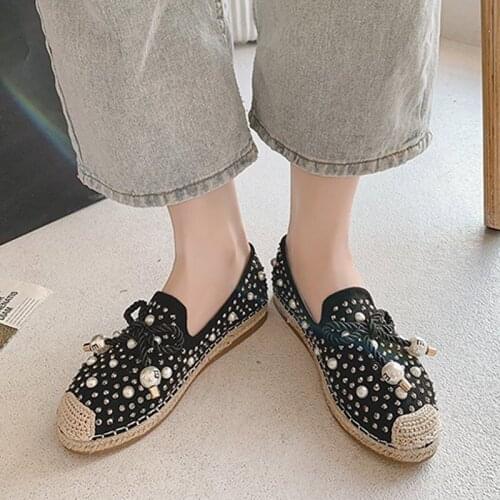 Womens Flat Shoes Females Non-Slip Solid Color Round Toe With Rhinestone Bow Footwear Ladies Casual Comfortable Fisherman Shoes