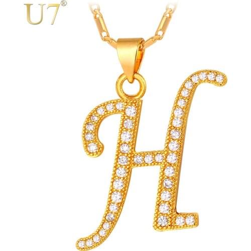 U7 H Letter Charm Necklace Valentines Gift For Women Alphabet Gold Color Pendant & Chain Zircon Crystal Fashion Jewelry P701