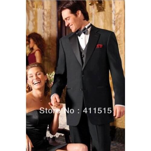 Custom made evening vest party/Top cheap Black Notch Satin Lapel Groom wear Tuxedos Groomsmen Mens Wedding Suits Best man dress