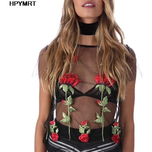 2020 new summer T shirt women Rose flowers embroidered sexy lace top tshirt transparent mesh tshirt female fashion t-shirt