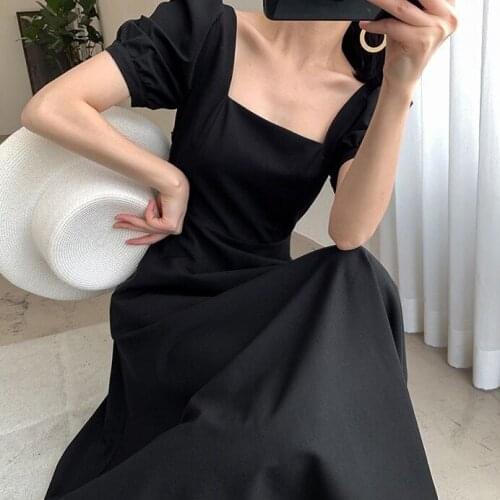 XL Womens High Waist Square Collar Long Dress Summer New Style Over the Knee Short Sleeve party dress Casual
