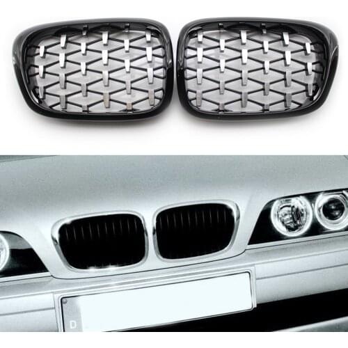 1 Pair Chromed Black Diamond Kidney Grille Replacement for BMW E39 520d 520i Double Slat Sport Style Gloss Black