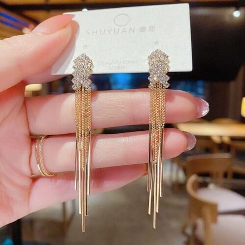 2021 Trend Korean Fashion Women Jewelry Piercing Gold Plated Long Tassel Cryystal Rhinestone Earrings For Teens Girls Gift