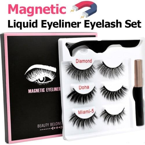 3 Pairs Magnetic False Eyelashes Liquid Eyeliner Set Variety of Styles Thick Natural 5 Magnets Eyelashes & Tweezers Wholesale