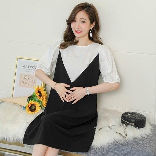 30218# Maternity Dress Summer Cotton Short Sleeves Loose Stylish False Two-piece Dress Pregnant Women Mom Dress