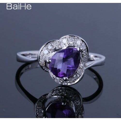 BAIHE Sterling Silver 925 1CT Certified Purple Flawless Pear Natural Amethyst Wedding Women Vintage Elegant unique Amethyst Ring