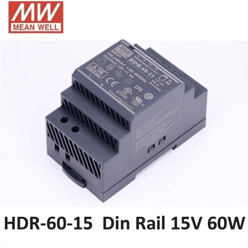 Original MEAN WELL HDR-60-15 15V 60W 4A meanwell step shape DIN Rail power supply 86-264VAC input 15V DC power supply CE UL CB