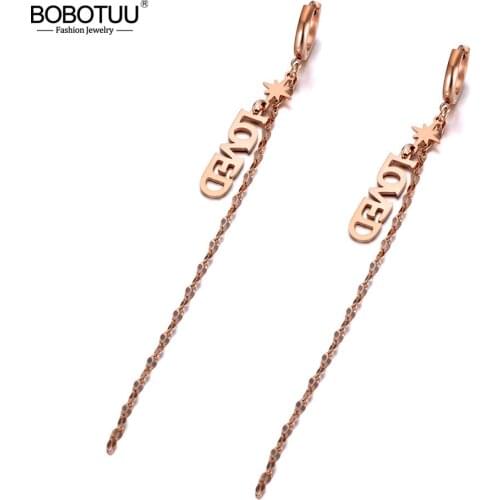 BOBOTUU Bohemia Titanium Stainless Steel Loved Dangle Earrings Fashion Rose Gold Tassel Drop Earrings For Women Girls BE20032