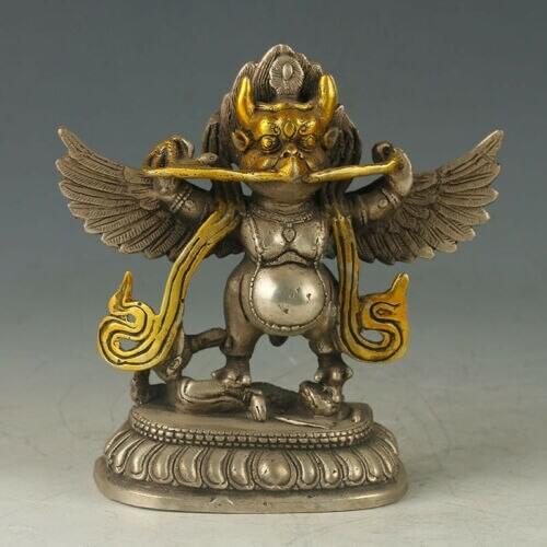 Exquisite Chinese OLD Tibetan Silver Copper Gilt Carved Thunder God Statue