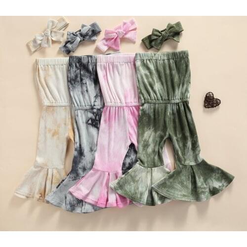FOCUSNORM 4 Colors Fashion Summer Baby Girls Jumpsuits Headband 2pcs Tie-Dye Printed Off Shoulder Strap Elastic Flare Rompers