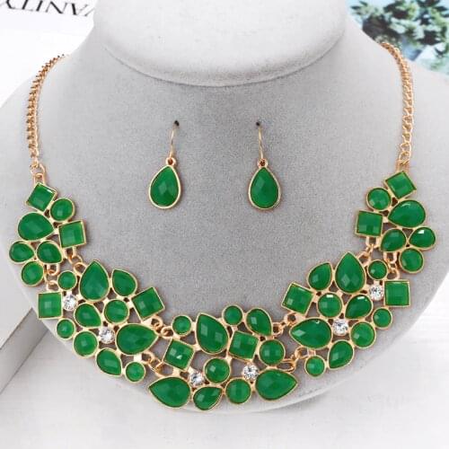 Luxury Women Gold Set Jewelry Wedding Necklace Earrings Bridal Jewelry Set Green Gem Zircon Crystal Anniversary Necklace Set